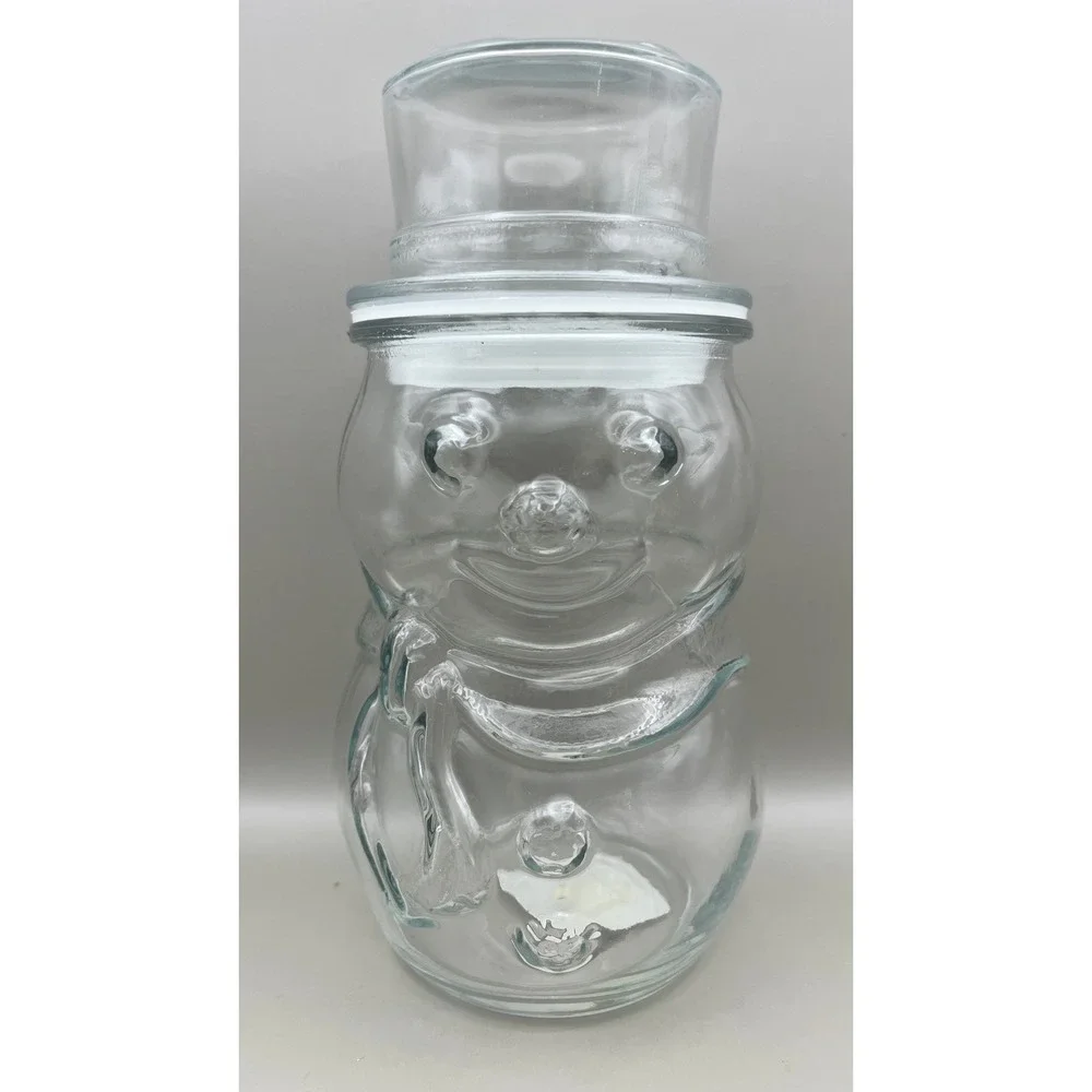 Vtg Libbey‎ Clear Glass Snowman Jar with Top Hat Lid Holiday Storage 75303 1638